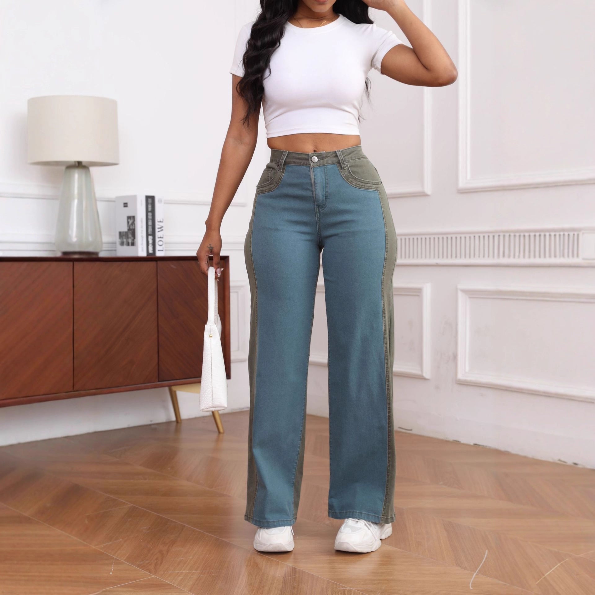 Womens Slim-Fit Wide-Leg Stretch Denim Pants With Panel Design