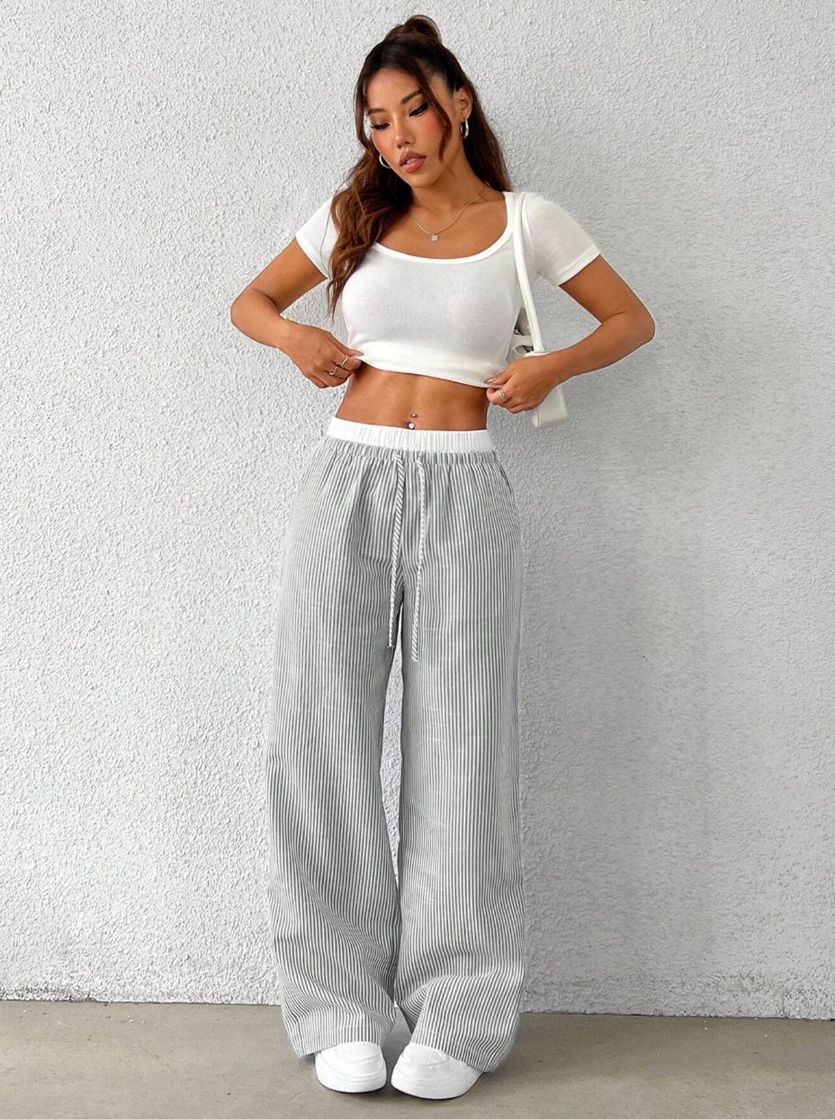 Casual Fashion Womens Striped Wide-Leg Floor-Length Pants