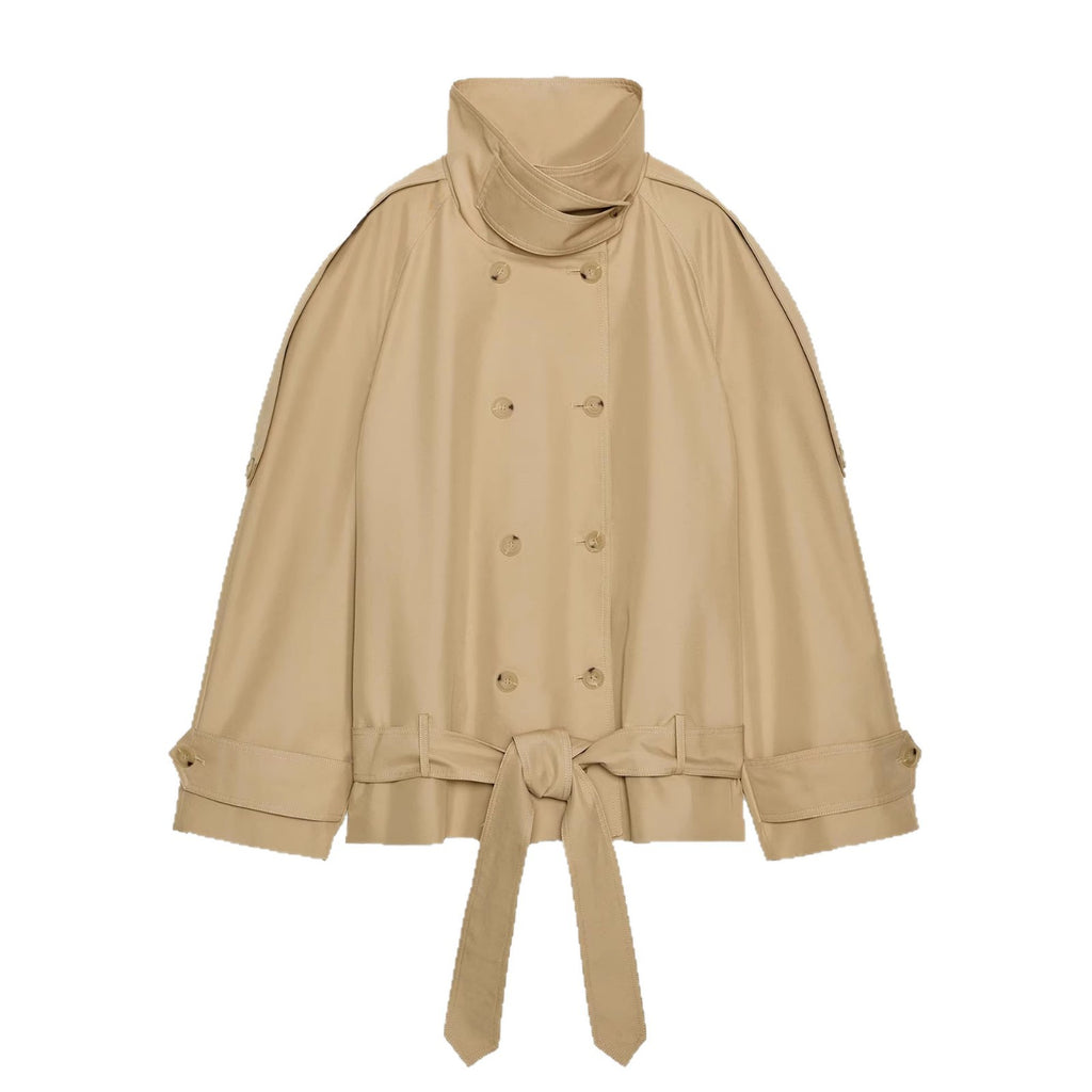 Double-breasted Belted Short Trench Coat With A Stand-up Collar