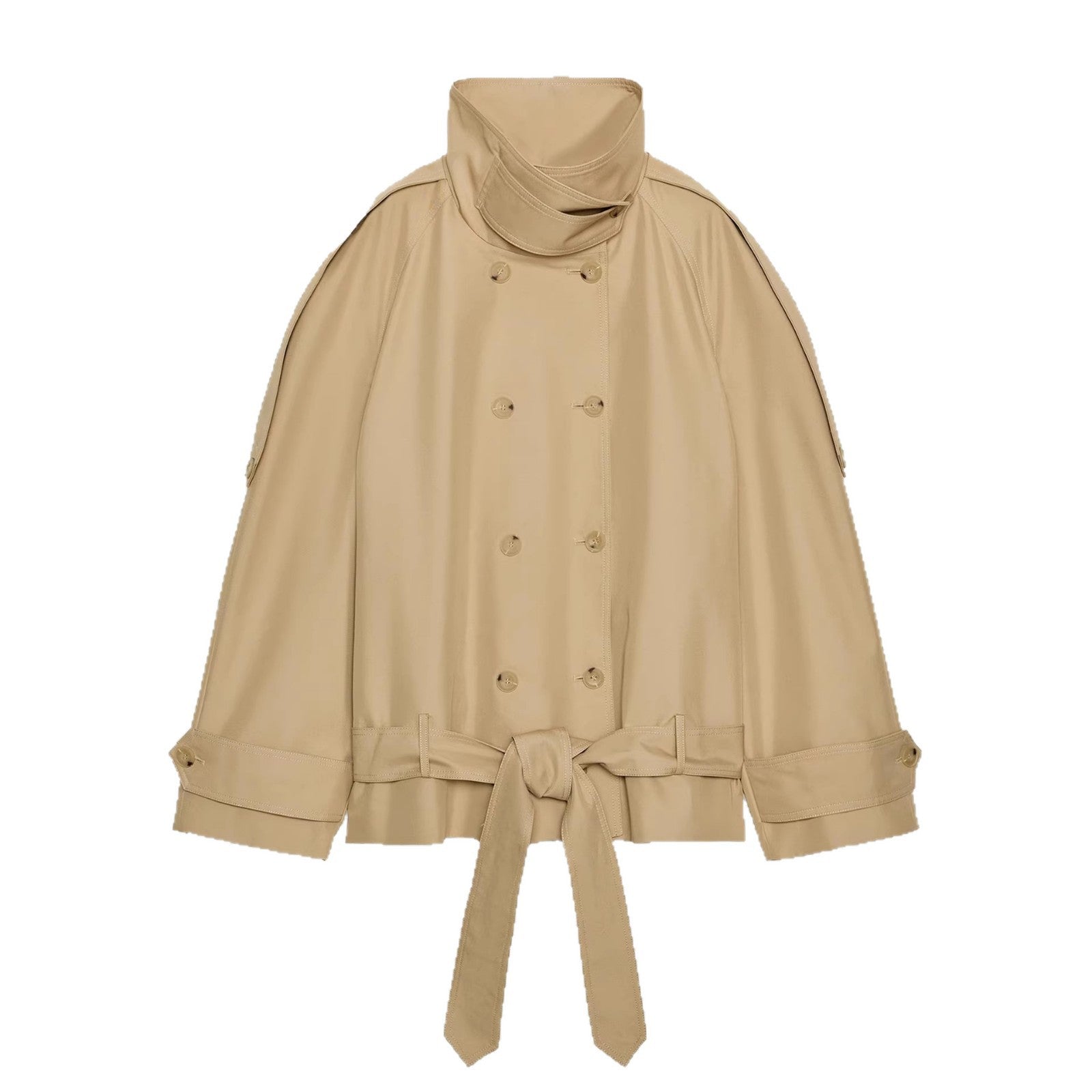 Double-breasted Belted Short Trench Coat With A Stand-up Collar