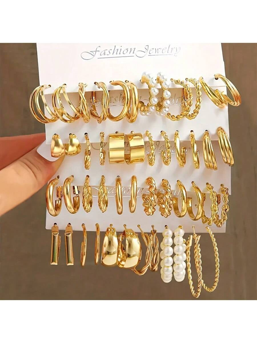 48/24/12Pcs Vintage Punk Style Women Fashion Elegant Hoop Faux Pearl Earrings Set, Women Jewelry, Bohemian Style - Versatile Daily Wear, Suitable for Daily, Dating, Party, Gift for Friends