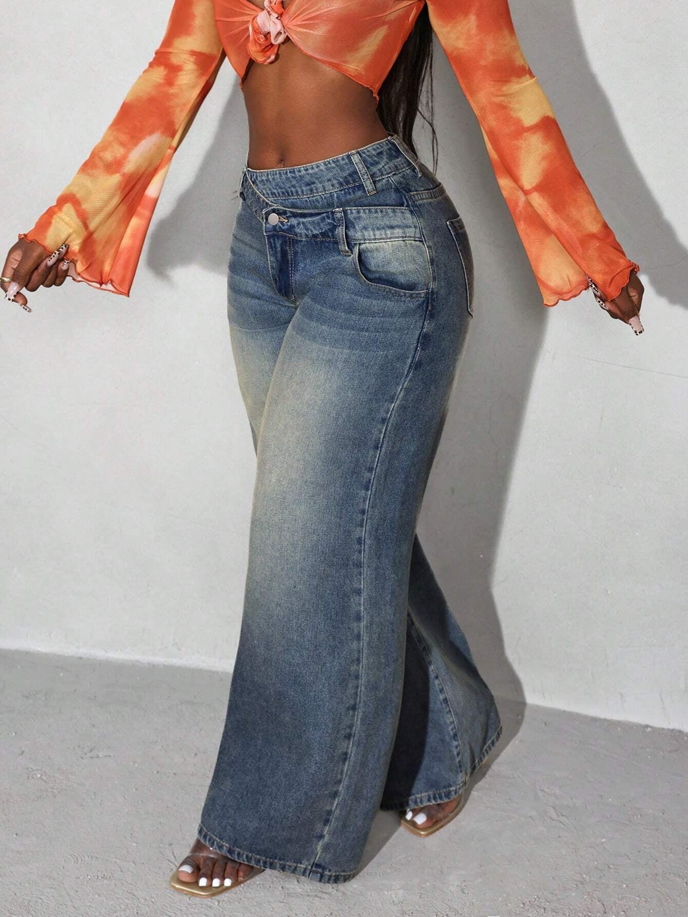 Slaydiva Women Asymmetric Waist Patch Pocket Loose Flared Leg Casual Denim Jeans