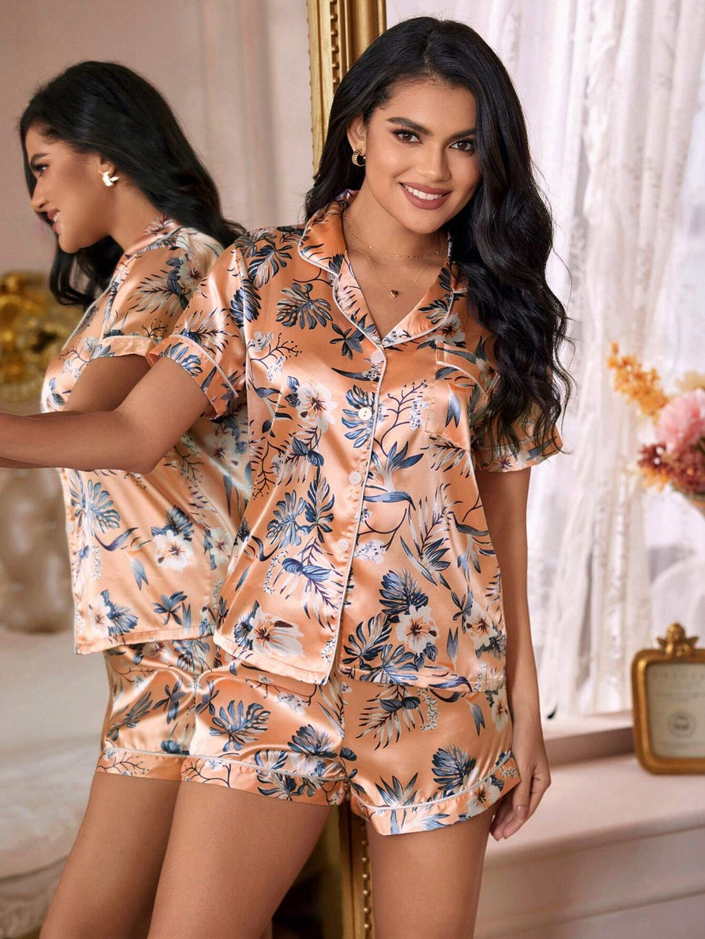 Tropical Print Contrast Piping Satin PJ Set / Pajama Set