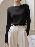 Dazy-Less Solid Boat Neck Tee Long Sleeve Women Tops Business Casual Woman Work Clothes