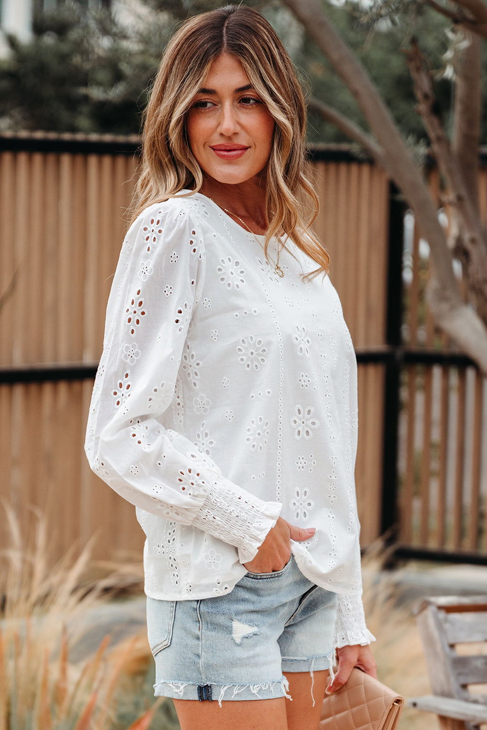 Allison Eyelet Embroidered Smocked Cuff Sheer Blouse