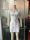 New Cotton-Linen Single-Breasted Off-Shoulder Lace-Up Puff-Sleeve Sheath Dress