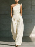 Loose-fitting Sleeveless Off-shoulder Belted Jumpsuit
