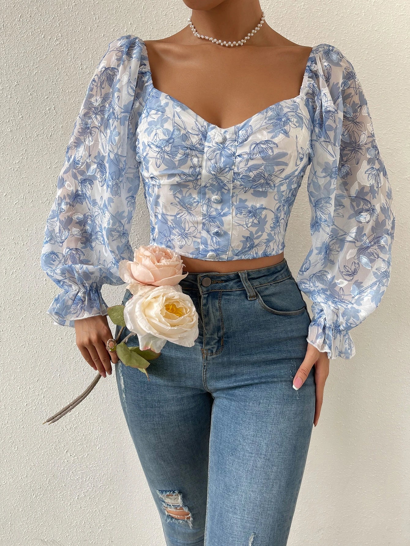 Chiquease Floral Print Flounce Sleeve Ruched Chiffon Blouse,Long Sleeve Tops Fall Cloth for Women