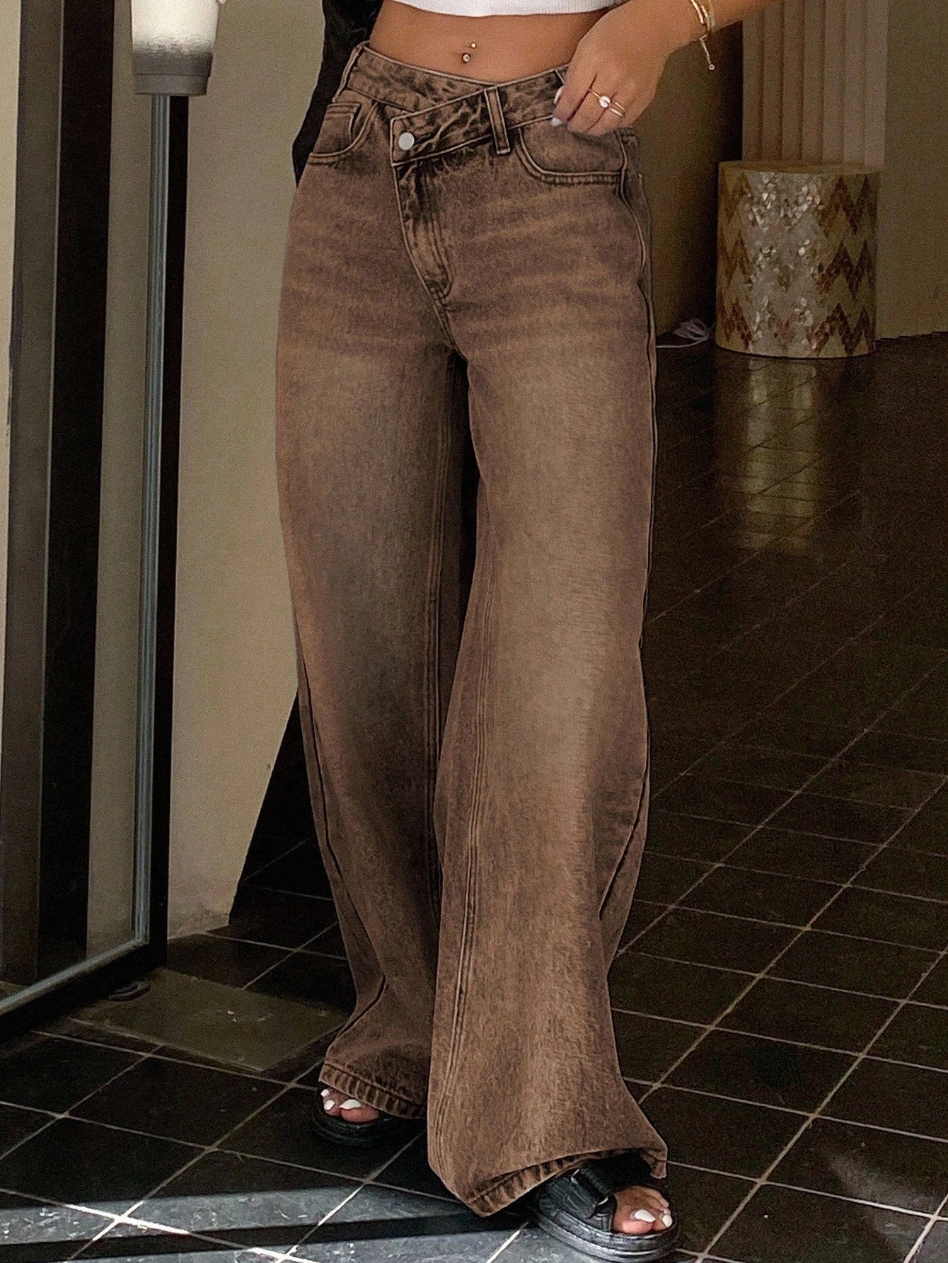 DAZY Women'S Low-Waist Design Waistband Straight-Leg Jeans Low Rise Jeans Y2K