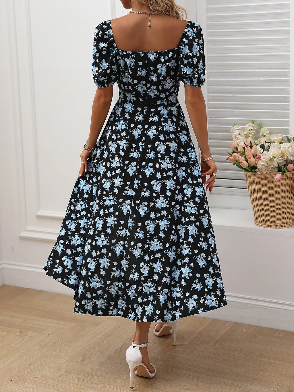 SHEIN LUNE Allover Floral Knot Split Thigh A-Line Dress Maxi Women Outfit