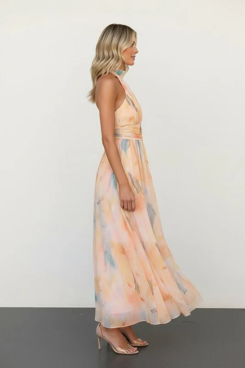 Halter Neck Maxi Dress with Open Back and Artistic Print