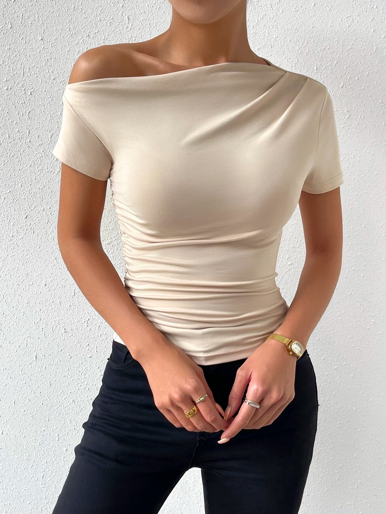 Selianne Women'S Casual Solid Color Ruched Asymmetric Short Sleeve T-Shirt