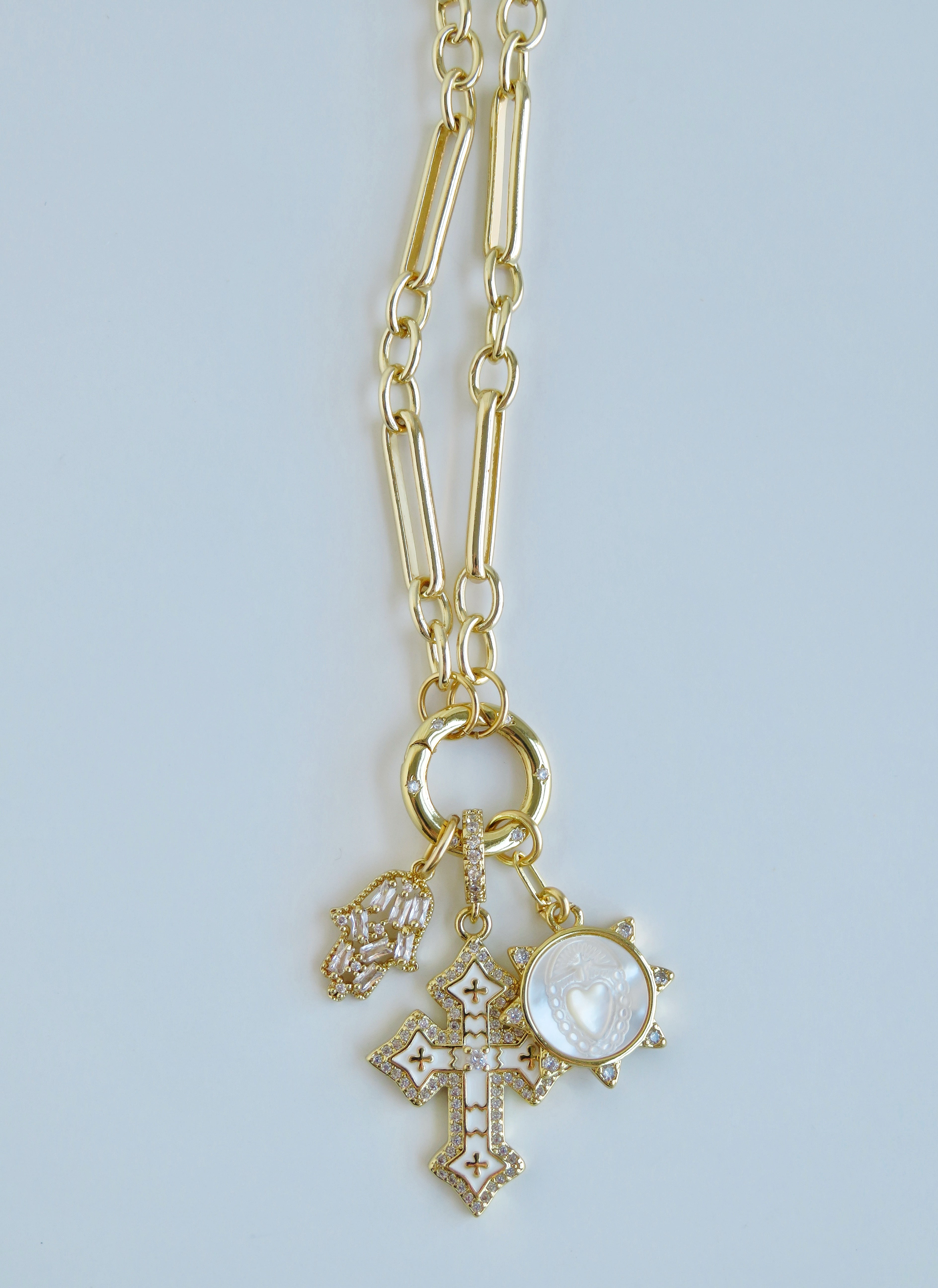 Love. Protection & Blessings of Goodness Charm Cluster Necklace - Figaro Link