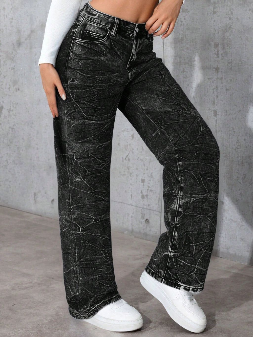 Halloween, Christmas, New Year, Thanksgiving, Women'S Washed Black Jeans Long Straight Leg Non Stretch Casual Pants, with Fashionable Pocket Details and Tie up Craftsmanship, Each One Is Different
