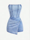 European And American-style Spicy Girl Tube-top Denim Jumpsuit Skirt