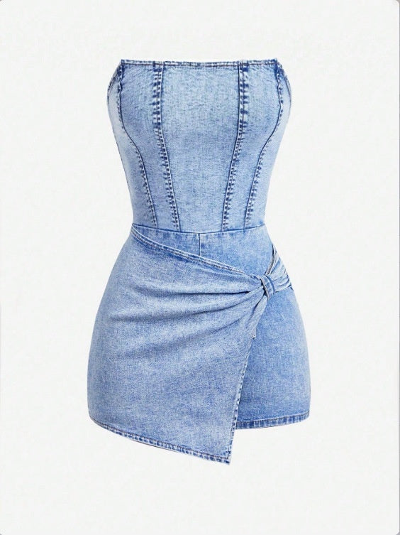 European And American-style Spicy Girl Tube-top Denim Jumpsuit Skirt