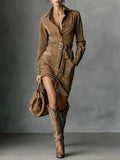 Marigold | Suede Single Breasted Lapel Long Sleeve Midi Dress (Includes Belt)