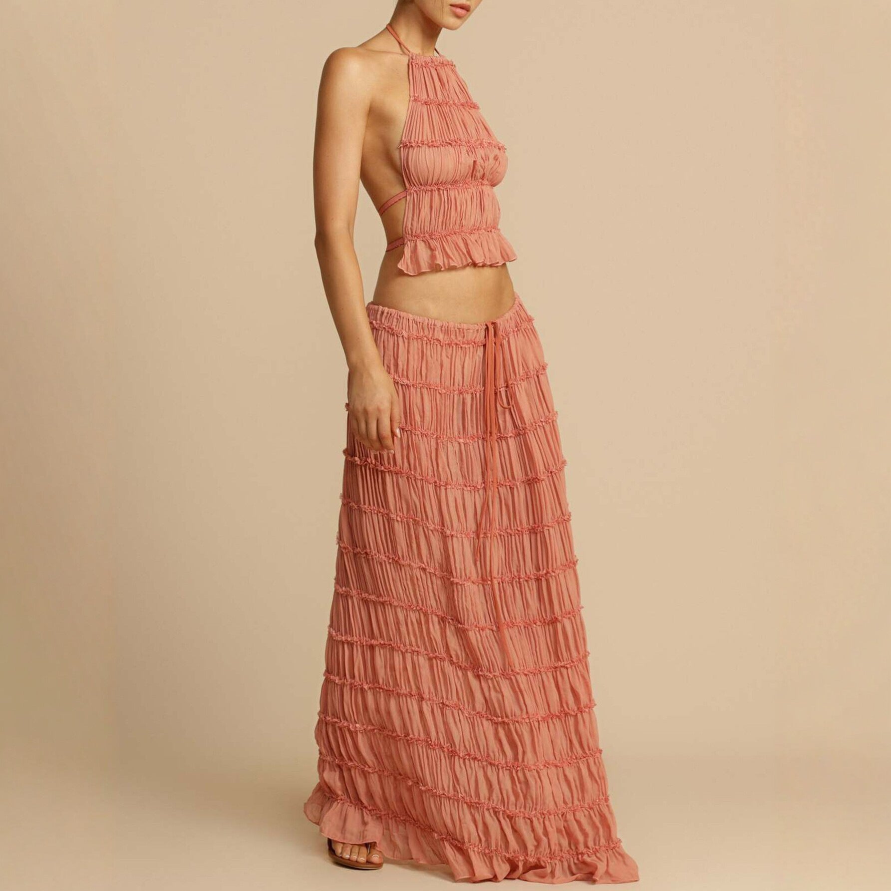 Resort-Style Halterneck Pleated Cami Top & Midi Skirt Two-Piece Set For Women