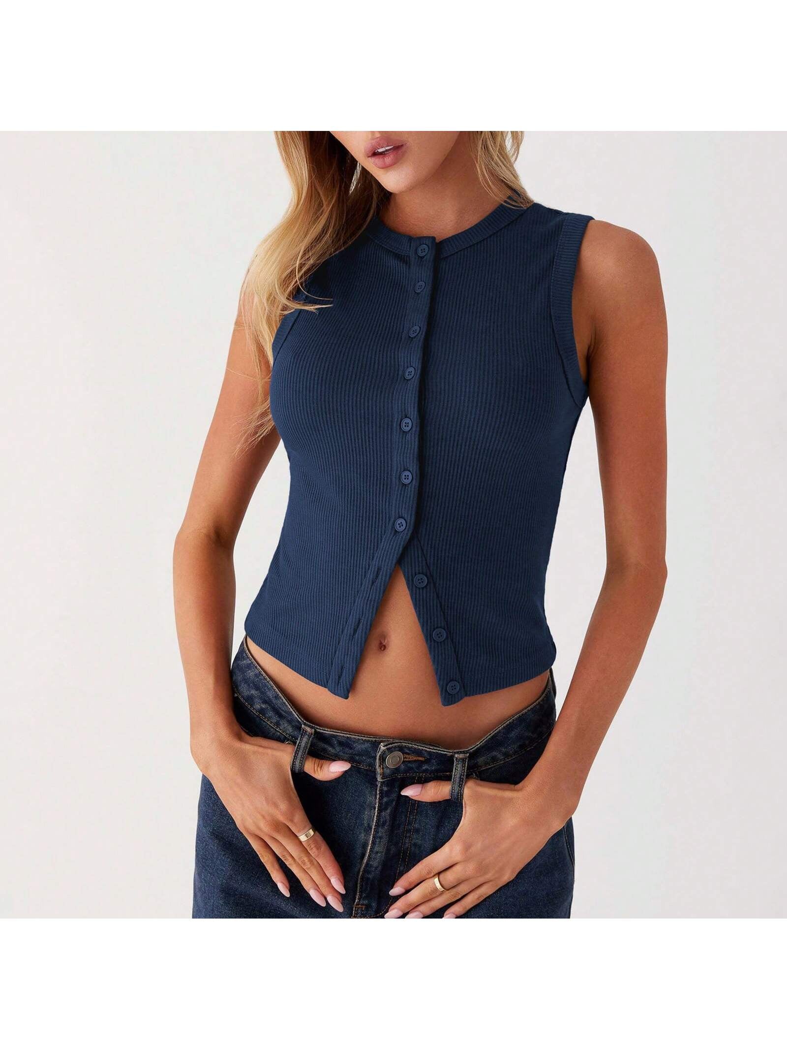 Women Button down Tank Tops 1 Piece Casual Summer Solid Color Sleeveless Crop Shirt Basic Vest Aesthetic Clothes Streetwear