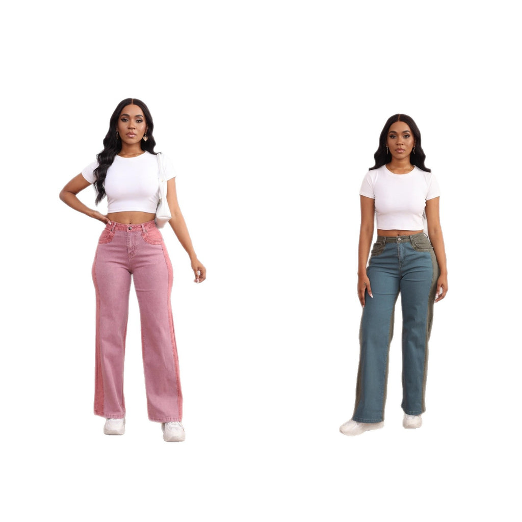 Womens Slim-Fit Wide-Leg Stretch Denim Pants With Panel Design