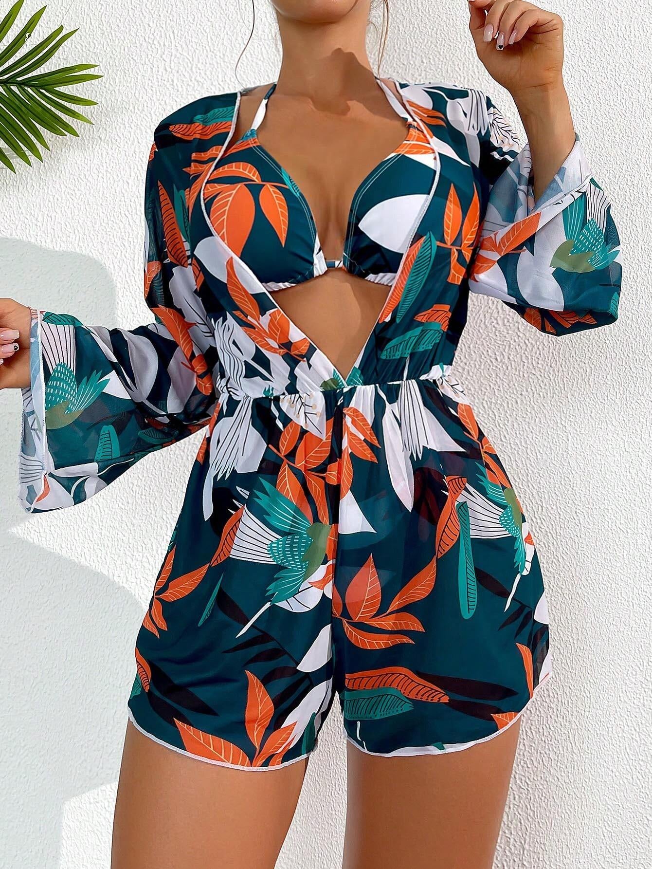 Swim Vcay Summer Beach Tropical Print Halter Triangle Bikini Set with Cover Up