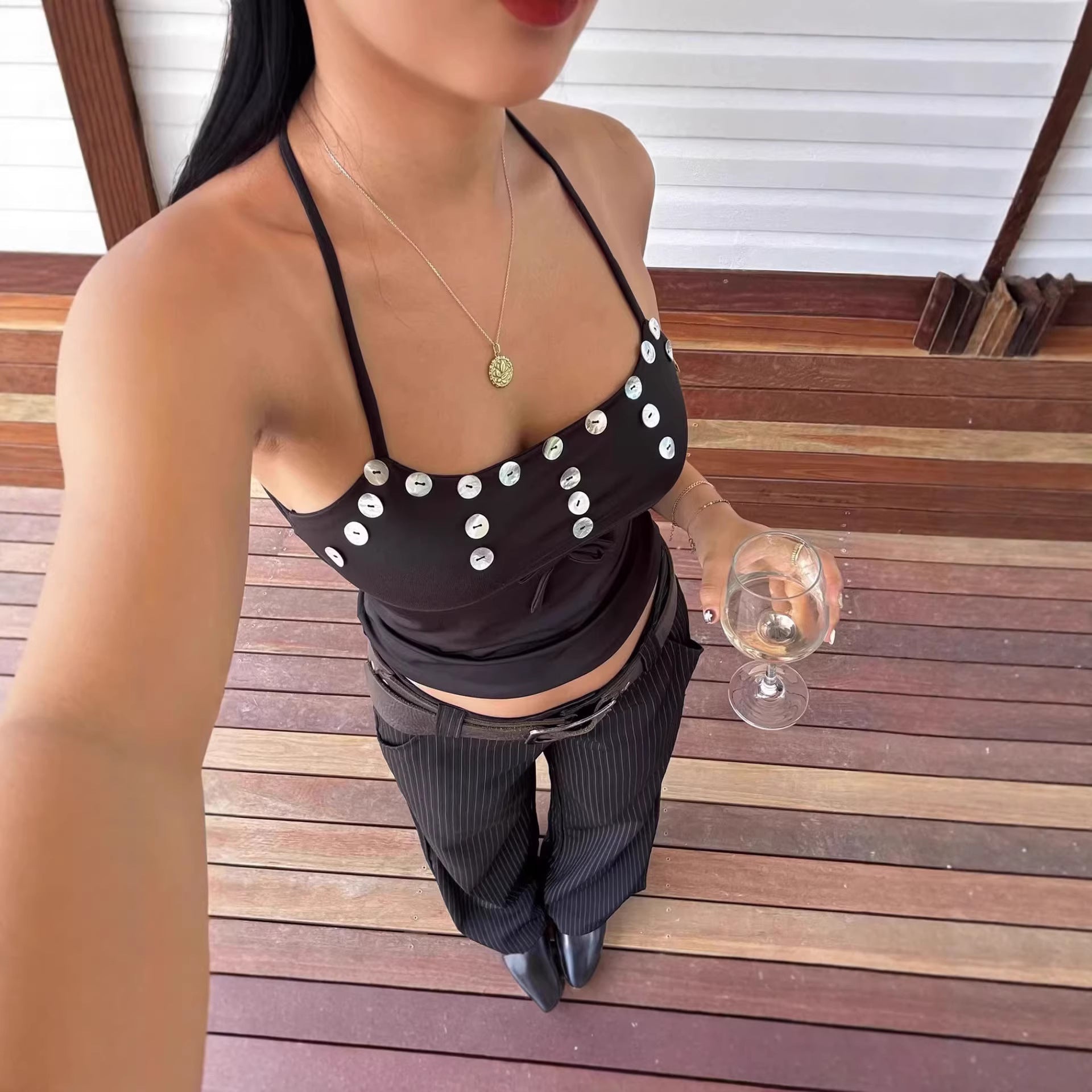 Sleeveless Button-decorated Short Halter Top For Women
