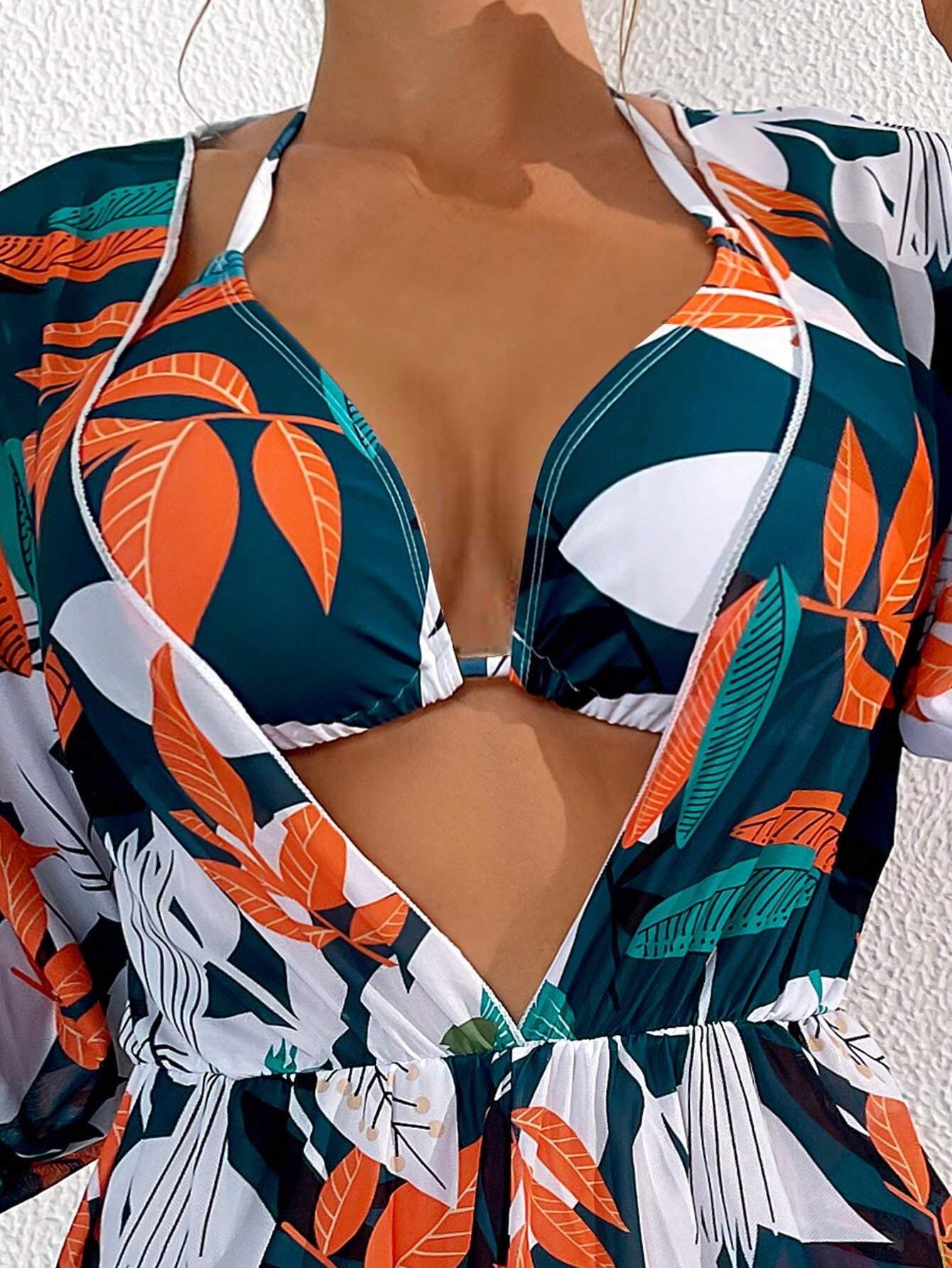 Swim Vcay Summer Beach Tropical Print Halter Triangle Bikini Set with Cover Up
