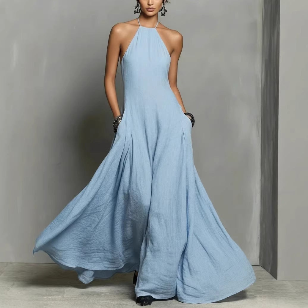 Womens Solid-Color Cotton-Linen Blend Simple Sleeveless Maxi Dress