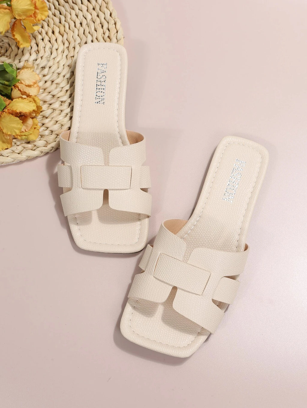 Elegant Beige Sandals for Women, Snakeskin Embossed Cut Out Design Open Toe Slide Sandals