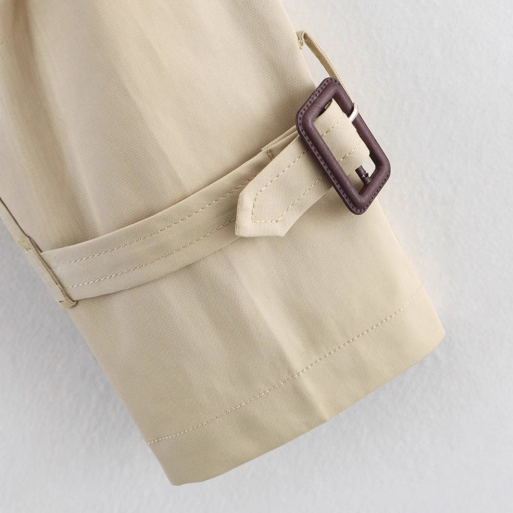 Notch-collar Short Trench Coat For Women With Belt Buckle Detailing