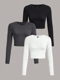 Comfortcana 3Pcs/Set Casual Minimalist Crew Neck Long Sleeve Cropped Fitted Women T-Shirts, Suitable for Spring & Autumn