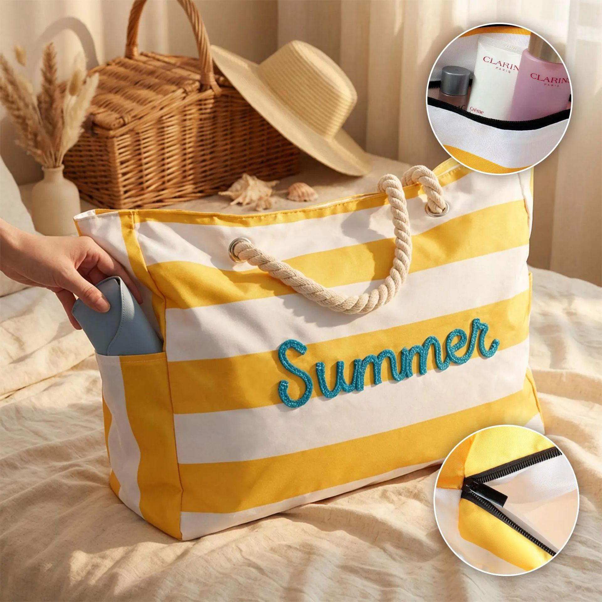 Zippered Beach Tote Bag With Large Capacity For Sand Protection