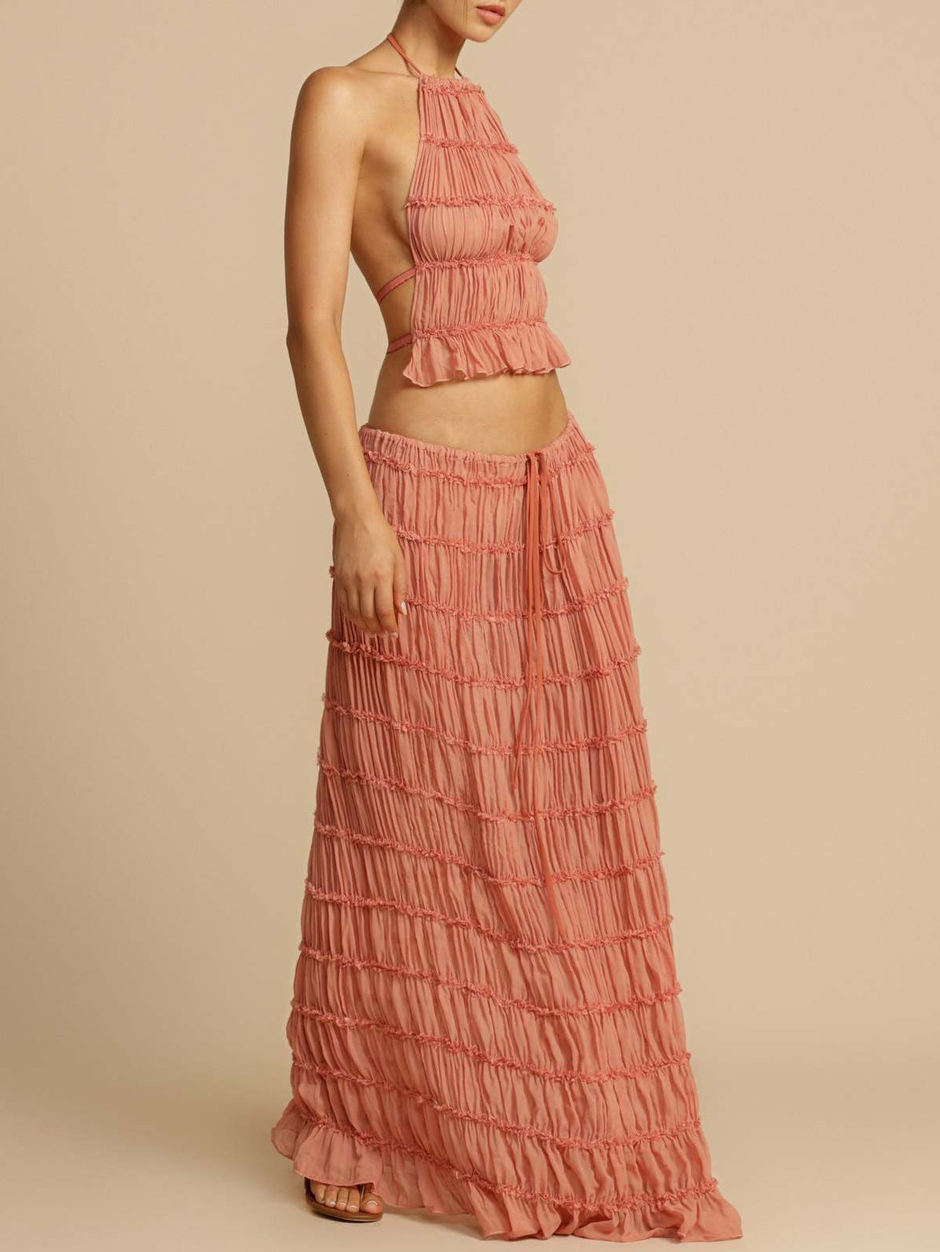 Resort-Style Halterneck Pleated Cami Top & Midi Skirt Two-Piece Set For Women