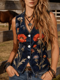 Western Style Denim Vest With Retro Floral Print V-neck Short Sleeveless Vest