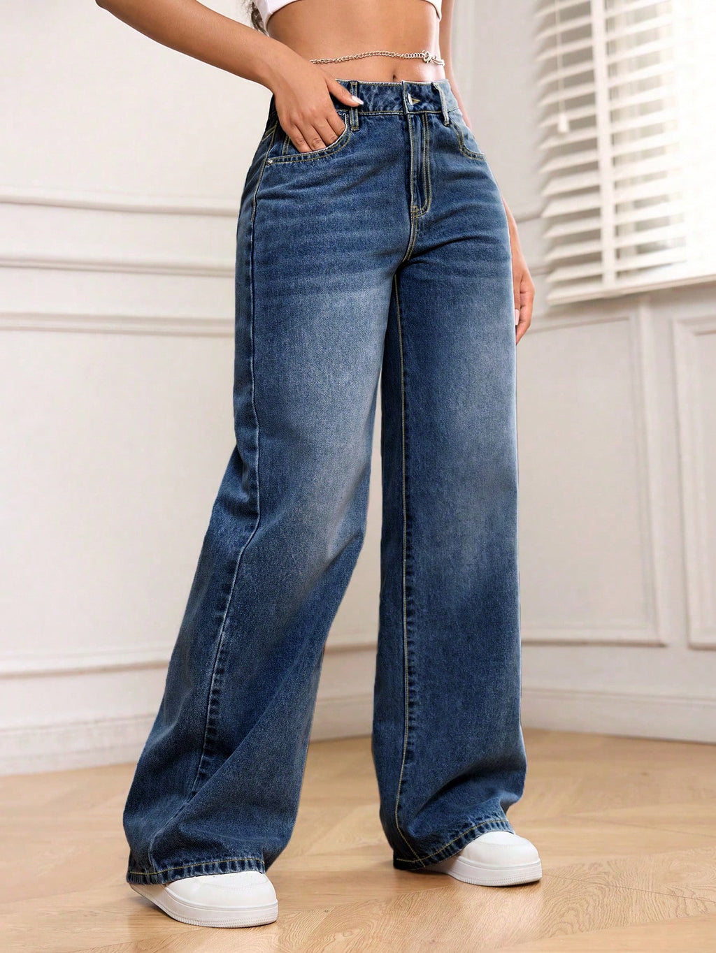 SHEIN PETITE Women'S Pocket Loose Wide Leg Casual Versatile Denim Jeans