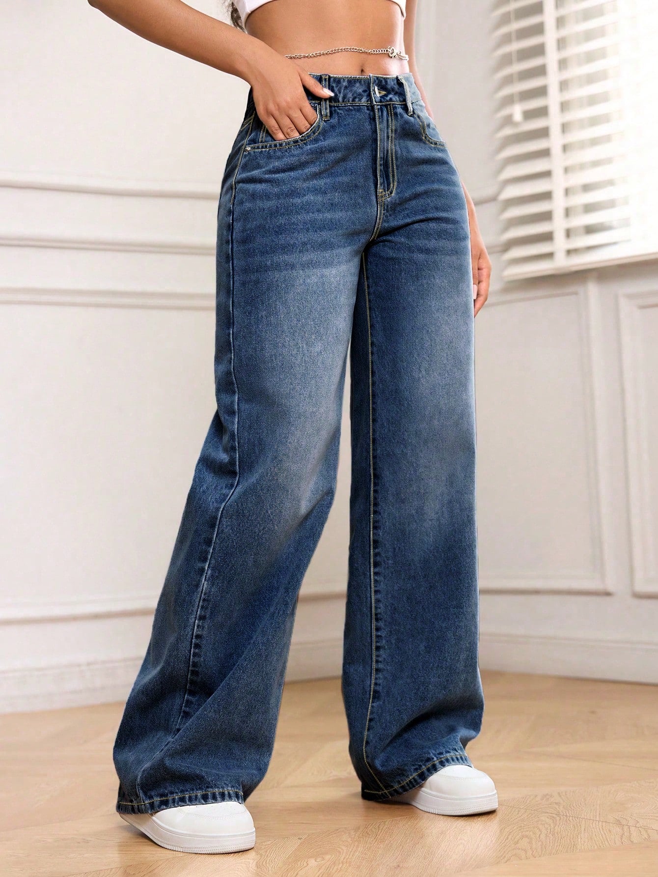 SHEIN PETITE Women'S Pocket Loose Wide Leg Casual Versatile Denim Jeans