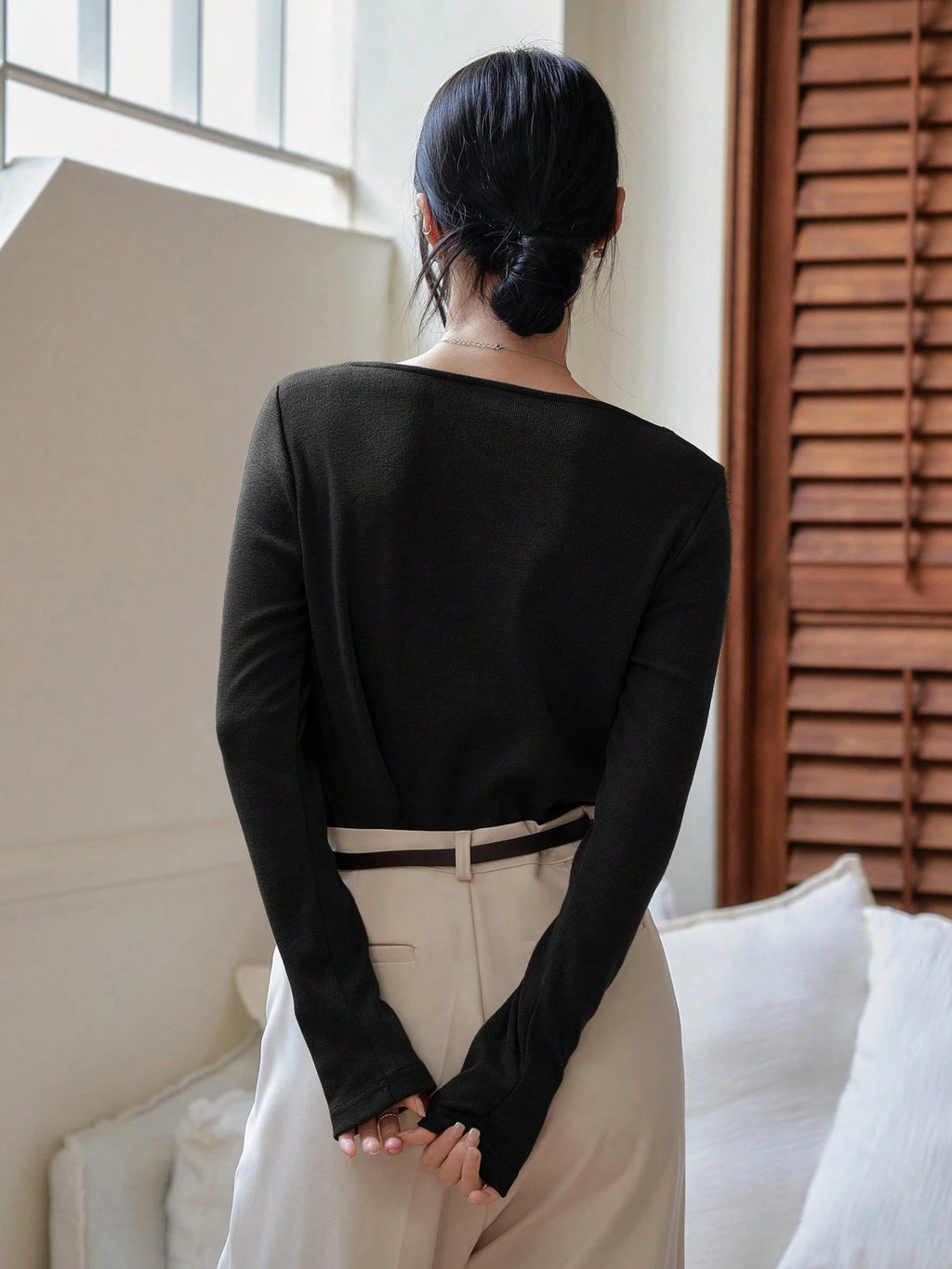 Dazy-Less Solid Boat Neck Tee Long Sleeve Women Tops Business Casual Woman Work Clothes