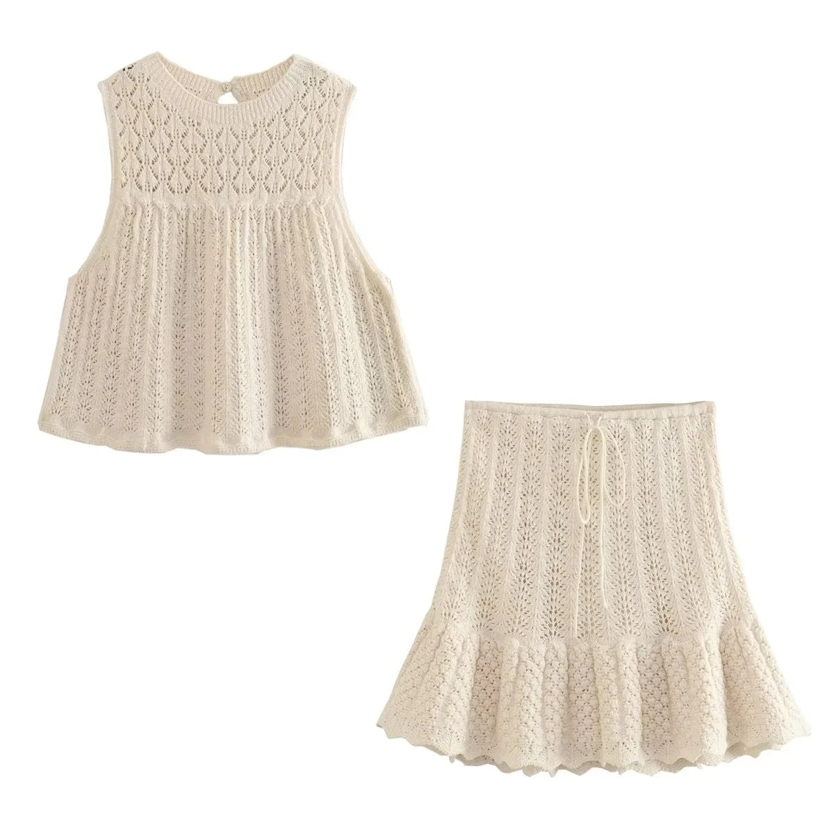Round Neck Jacquard Mesh Hollow Out Sleeveless Knitted Top Drawstring Knitted Skirt Suit Women