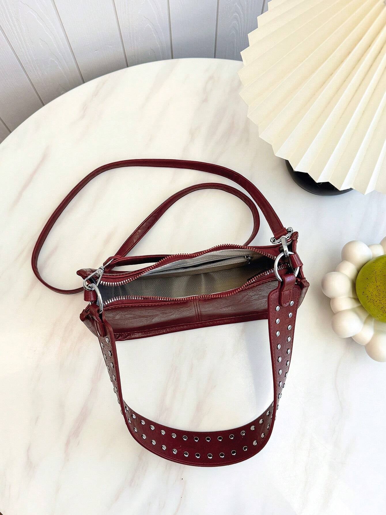 Hot Girl Style New Fashion Women'S Retro PU Underarm Bag, Rivet Decoration Inlay Design Simple Solid Color Shoulder Bag, Wine Red Hot Girl Bag, Street Style Shoulder Bag, Zipper Closure Women'S Wallet, Suitable for Shopping Girls Party and Travel, Clothing Matching, Participating in Favorite Activities , Old Money