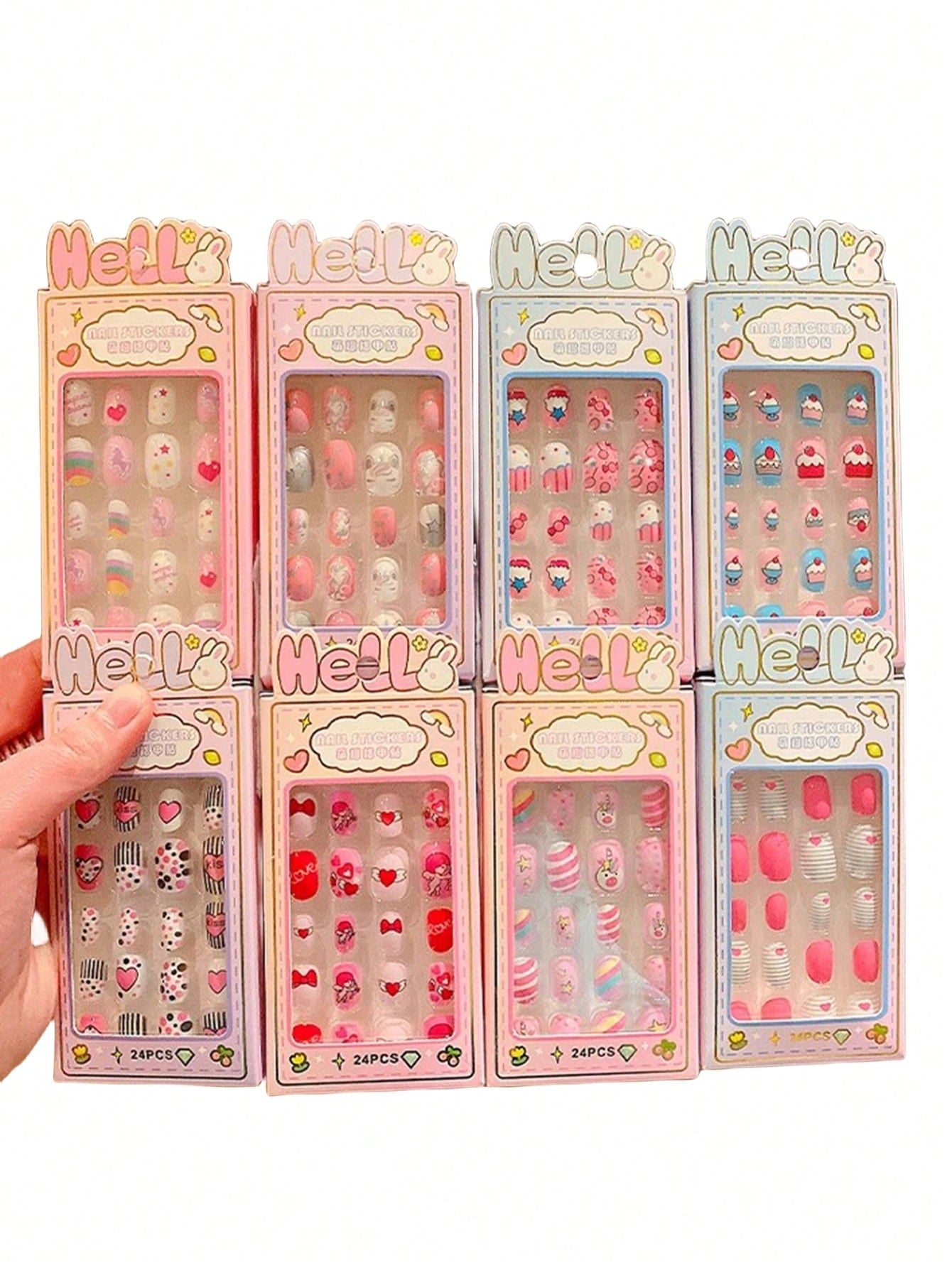 1Box/24Pcs Random Color Cartoon Pattern Waterproof Finger Nail Stickers, Nail Art Decoration School Supplies,Press on Nails Girls,Nail Kids,Girls Stocking Stuffers