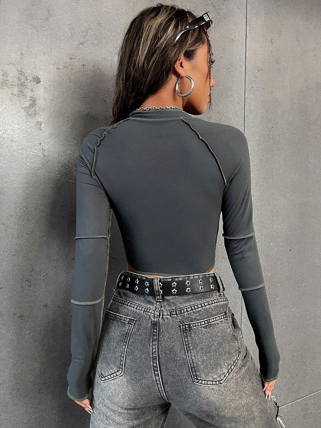 SHEIN Unity Top-Stitching Raglan Sleeve Zipper Crop Tee Fall Cloth for Women