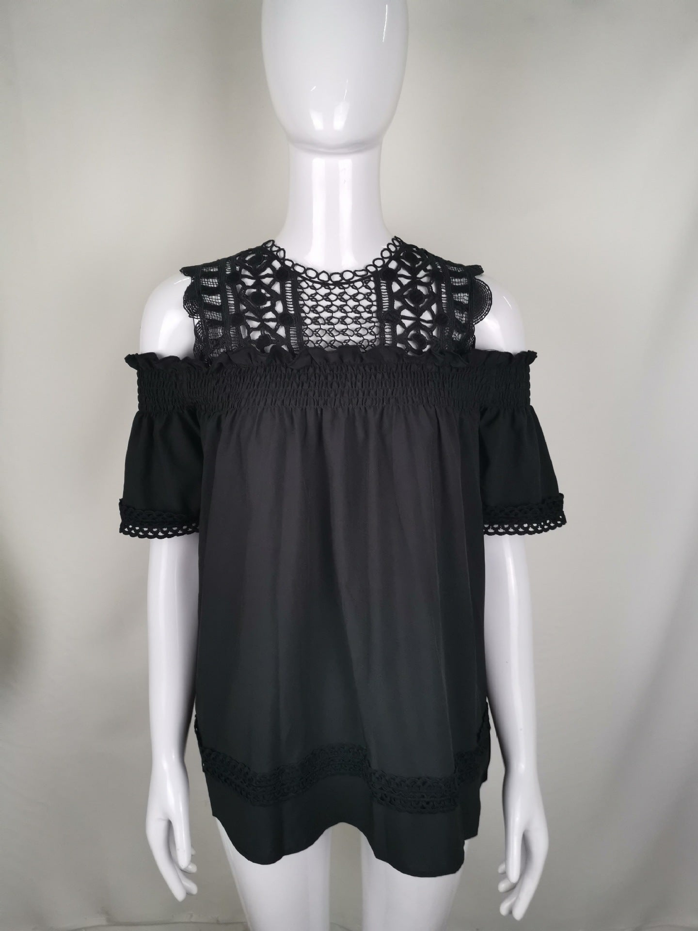 Off-shoulder Hollow-out Three-quarter Sleeve Shirt