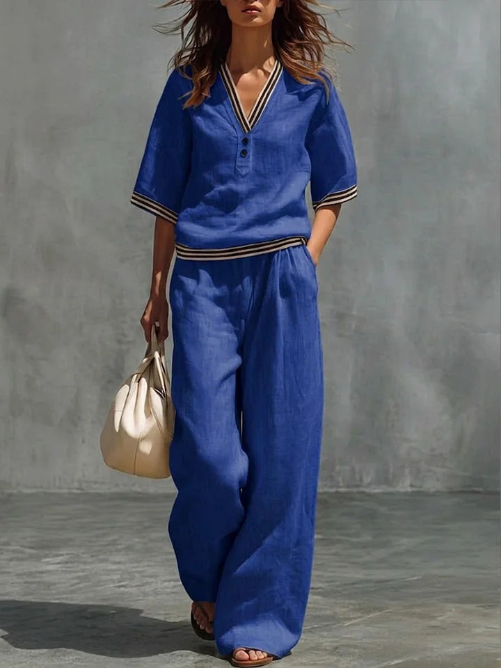 Cotton-Linen V-Neck Casual Comfortable Short-Sleeve Shirt And Pants Set