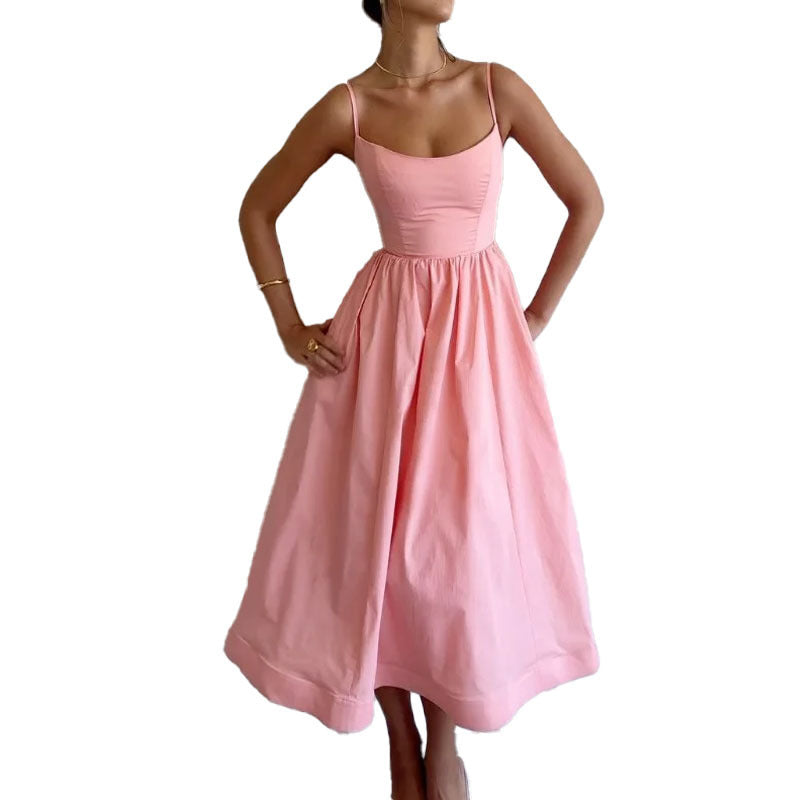 Lady Temperament Commute Low-cut Slim Fit Waist Trimming Spaghetti Straps Dress