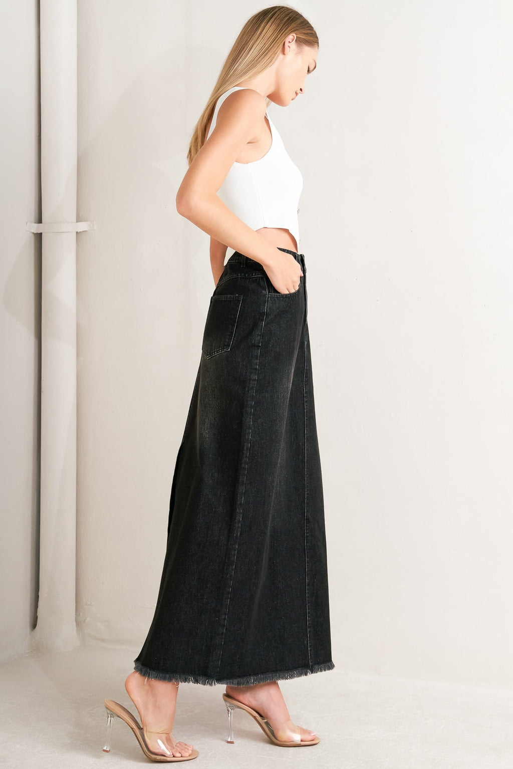 TALK ABOUT BEAUTY DENIM MIDI SKIRT