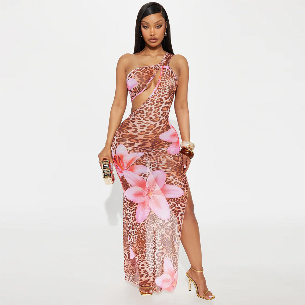 Women Clothing Diagonal Collar Hollow Out Cutout out See through Mesh Floral Print Dress