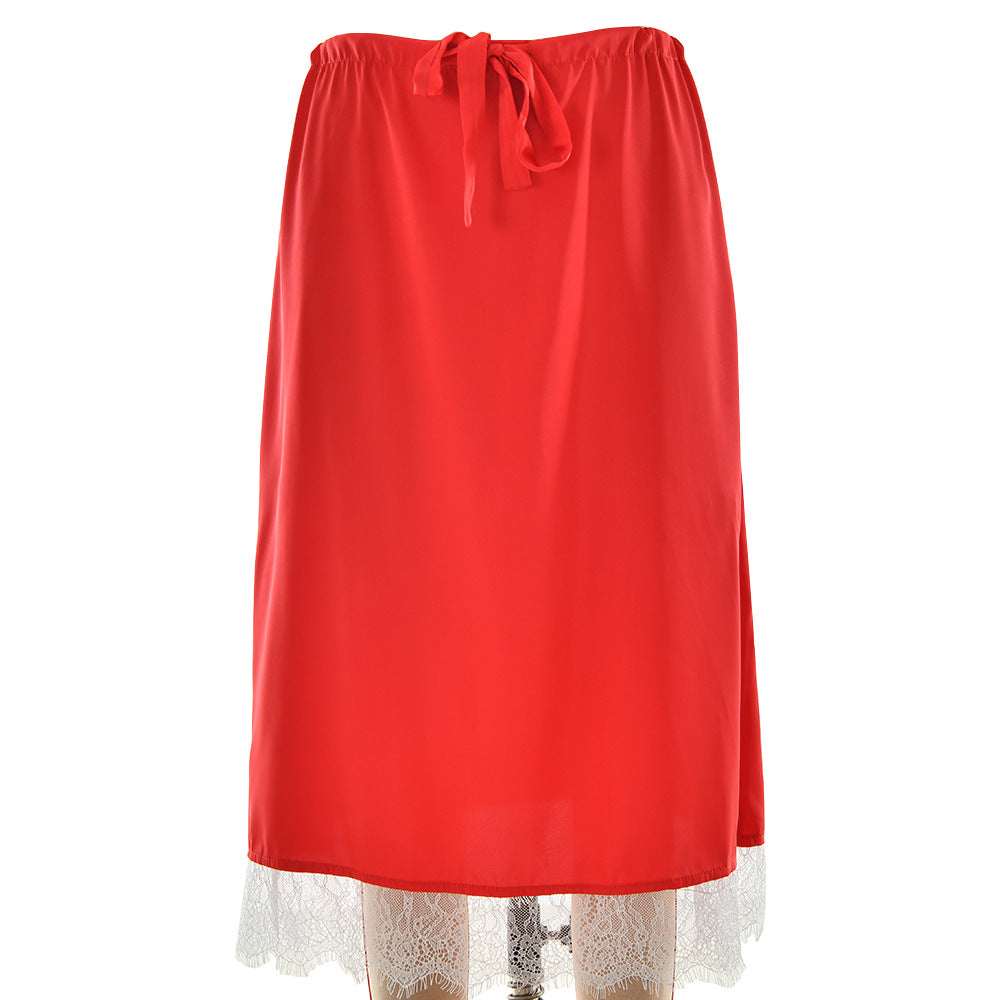 French Lace Stitching Satin Skirt Sexy Solid Color High Waist Slim Fit