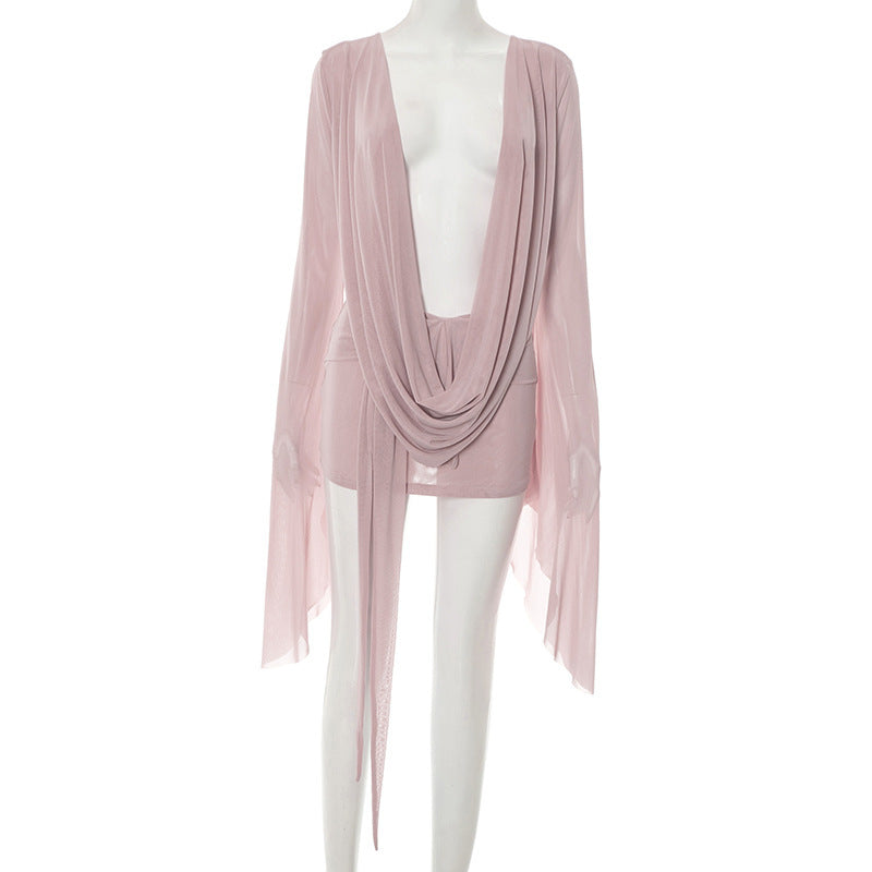 Women Clothing Summer Mesh Swing Collar Wide Hem Long Sleeve Backless Dress