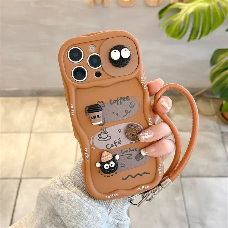3D Cartoon Coffee With Wrist Strap Phone Case For iPhone