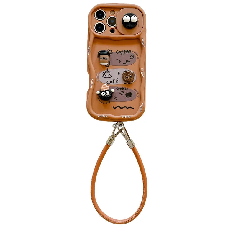 3D Cartoon Coffee With Wrist Strap Phone Case For iPhone